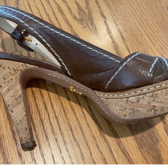 Prada Brown Leather Cork Wedge Sandals Size 36.5 (6 1/2) - Slingback Peep Toe - Picture 9 of 16